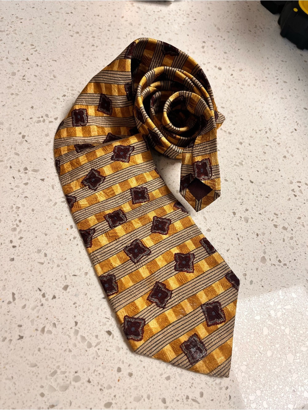 Burberry Gold and Brown Patterned Silk Tie